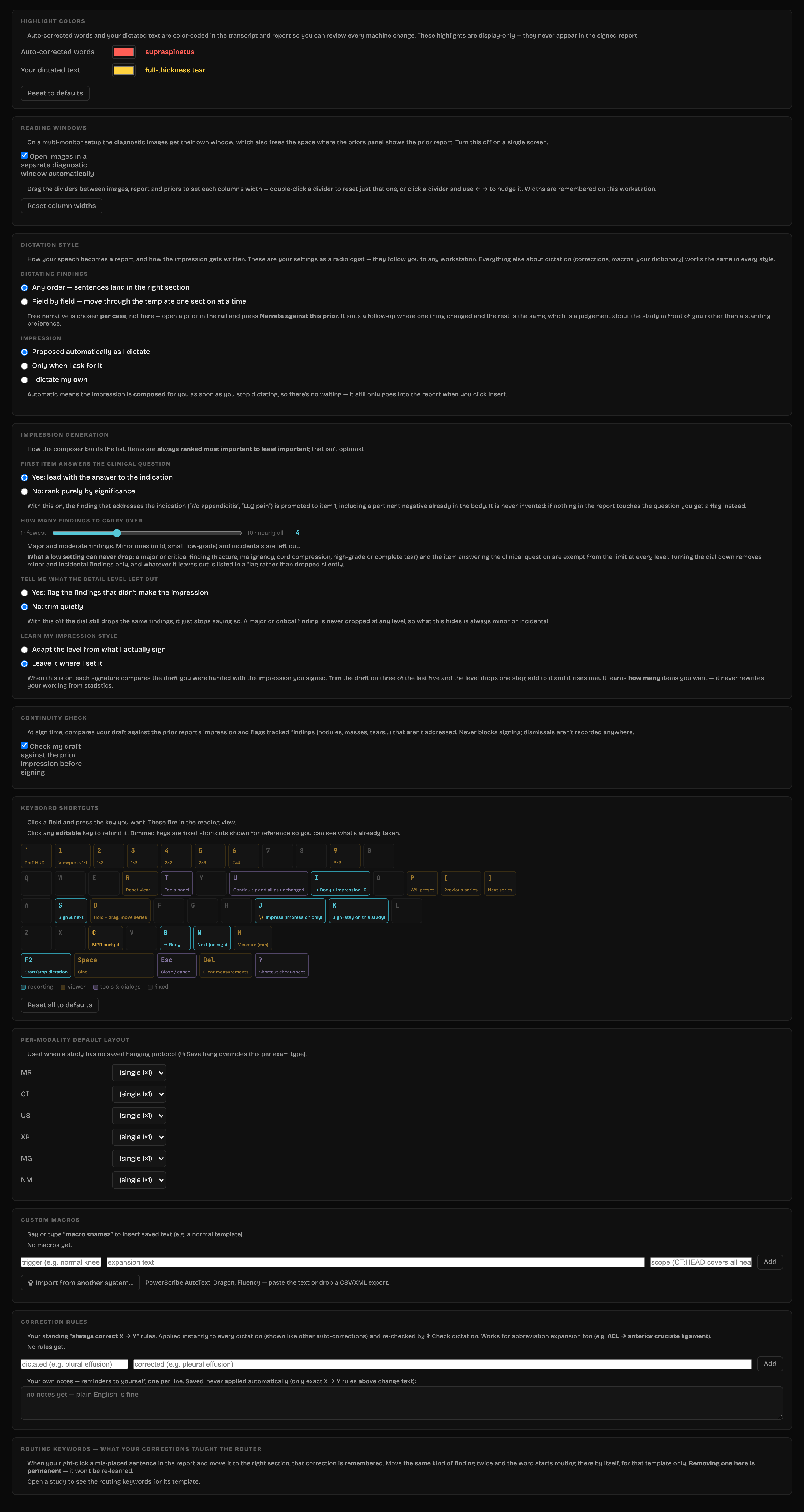 The options page end to end: highlight colours with live examples, reading windows and column widths, dictation style, impression mode, impression generation with question-first and a 1-to-10 detail dial, correction rules with provenance badges, routing keywords, keyboard shortcuts, and the group template library.